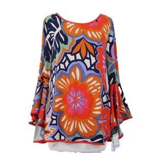 Coco Bianco Top $79 Sz M Orange Multi Color Floral Polyester Spandex Top